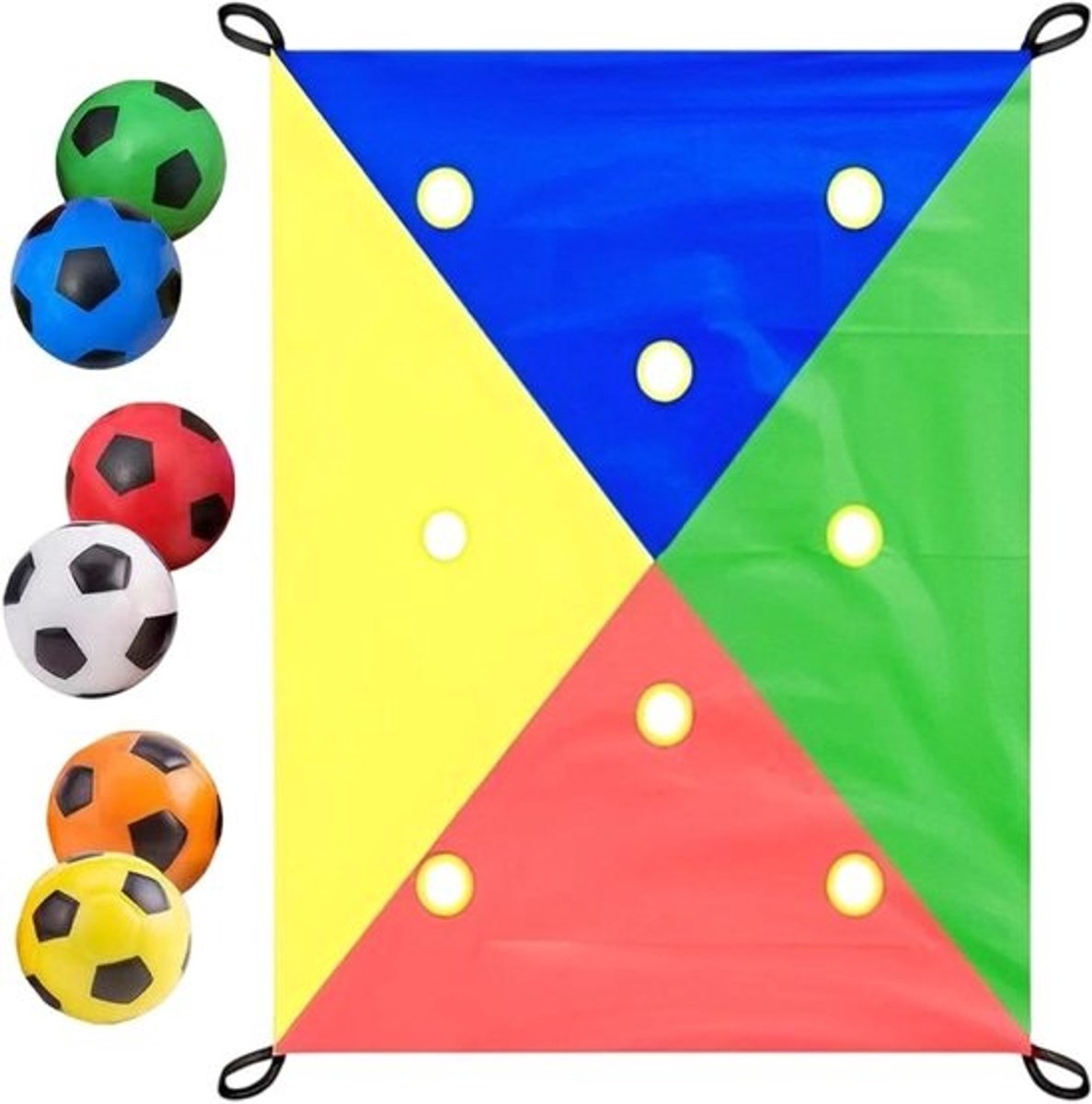 Interactief spel tarp - Groepscoördinatiespel - Groepsactiviteiten organiseren - Duurzaam polyester materiaal - 6 ballen inbegrepen - Vier kleuren