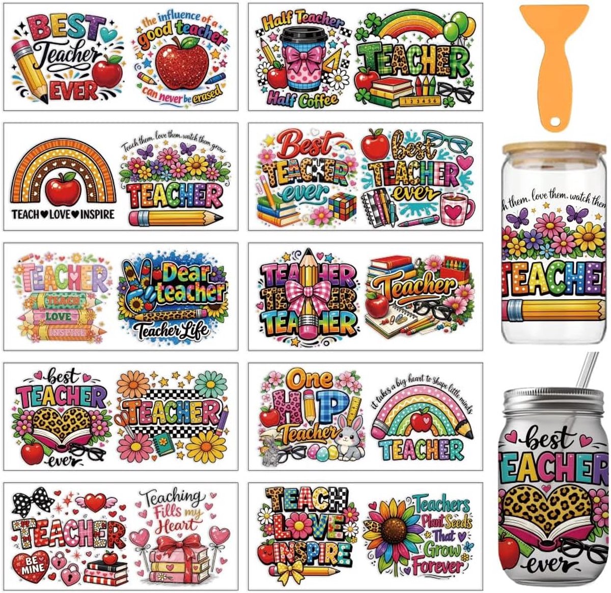DTF transfer stickers voor bekers 24x11cm - PVC voor DIY - 10 designs voor leraren - ShopVlot