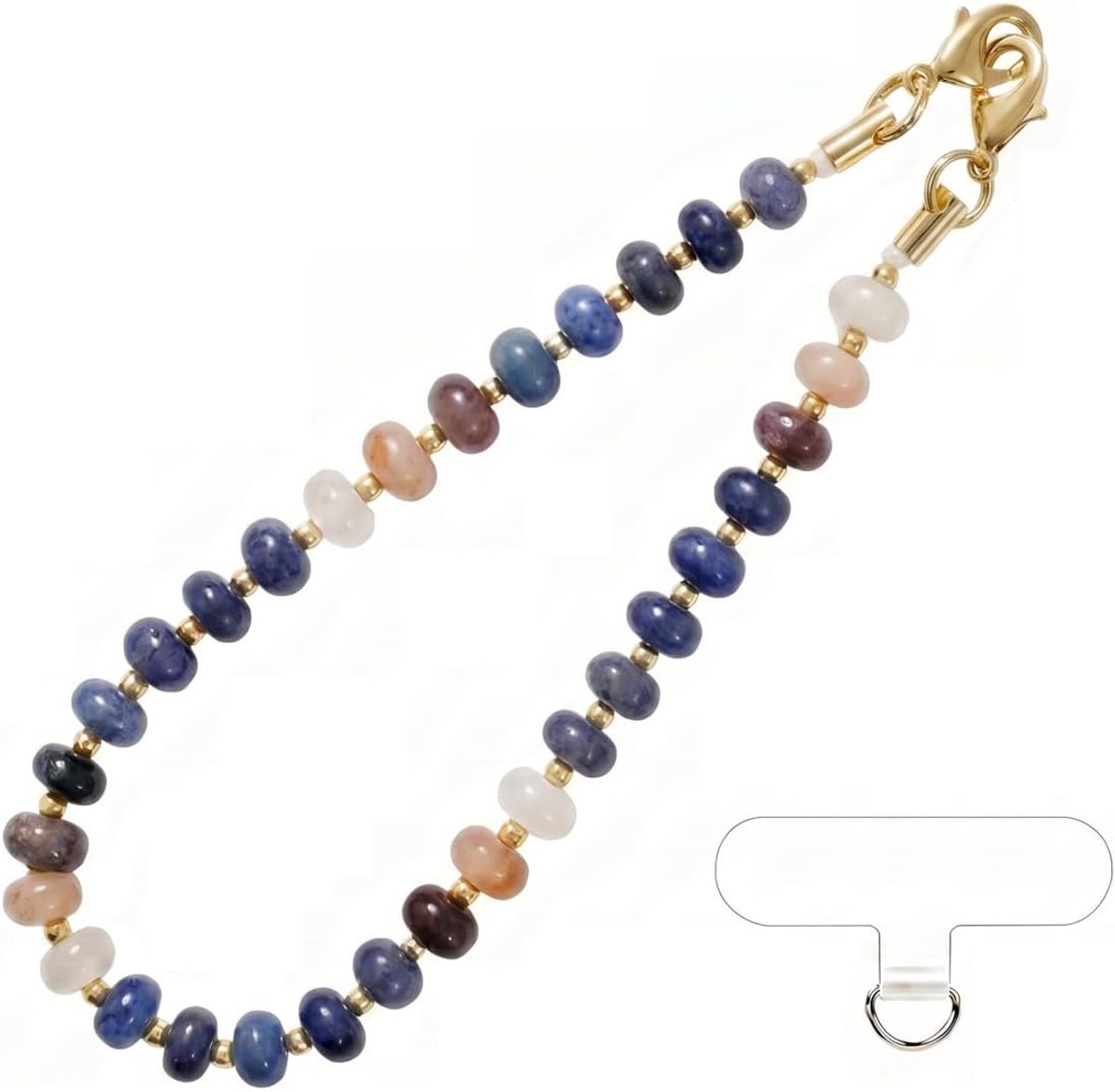 Icolor Natuursteen parelkoord met mobiele telefoonpatch, korte telefoonband 30,5 cm met karabijnhaak, decoratieve telefoonhanger voor mobiele telefoon, tas of sleutels