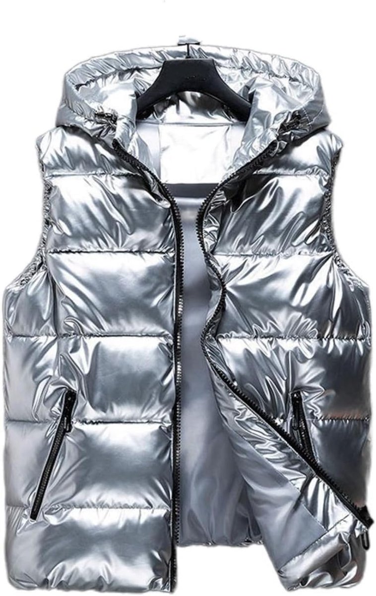 Helder Donsvest - Groot Formaat Dames Donsvest Winter Warm Zilver Verdikt Mouwloos Donsjack Capuchon Vest Los Casual Outdoor Skiriem Winddichte Zak,Zilver,S