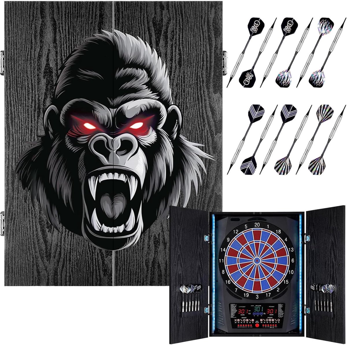 Elektronisch, decoratief elektronisch dartbord kast [6 brons soft-tip pijlen], eigen lichtkleur voor elke speler, e-dartbord met houten kastdeuren - 92282 Gorilla