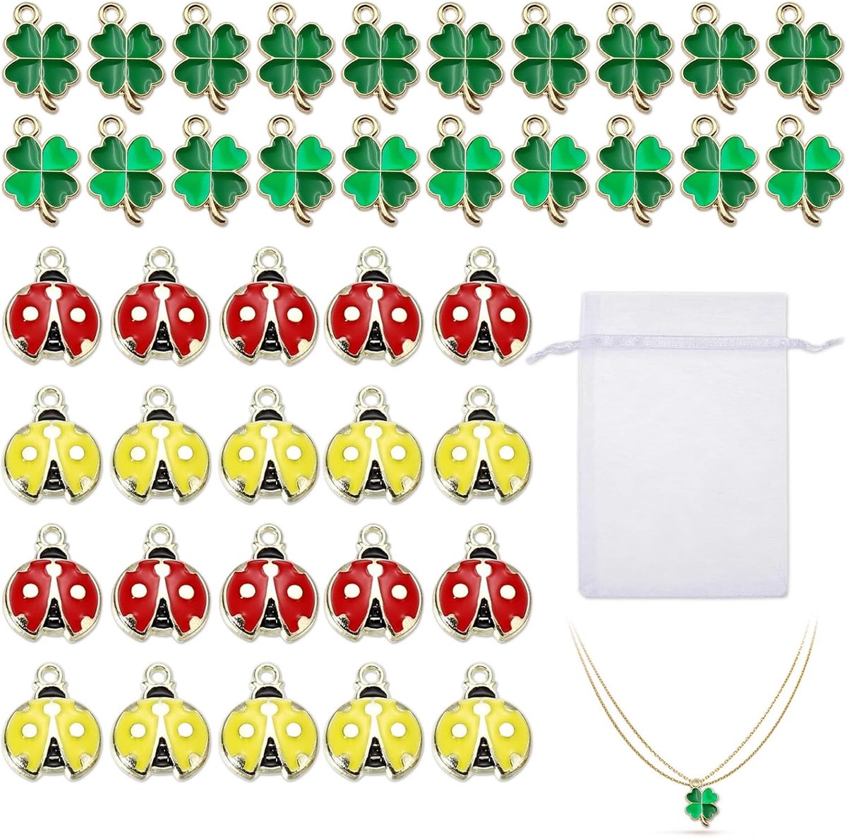 40 Stuks Klavertje Vier Lieveheersbeestje Bedels - Groene Emaille Geluksbrenger met Vier Bladeren Charme voor DIY Accessoires, Knutselen Cadeau