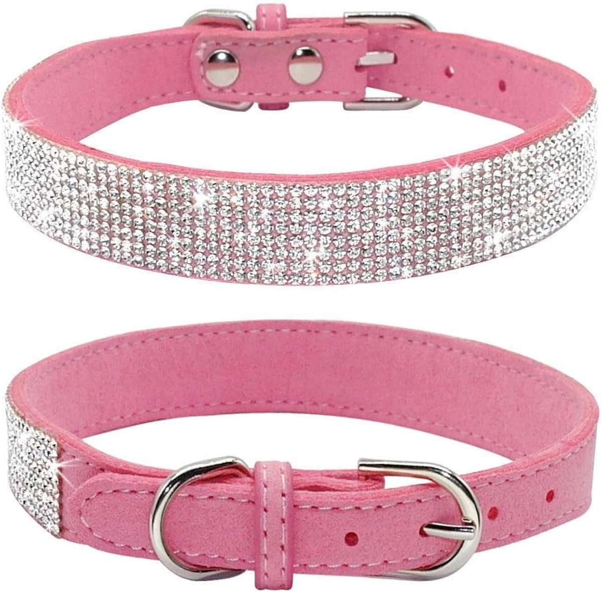 Hondenhalsband met strassteentjes, zacht kunstleer, maat L, roze