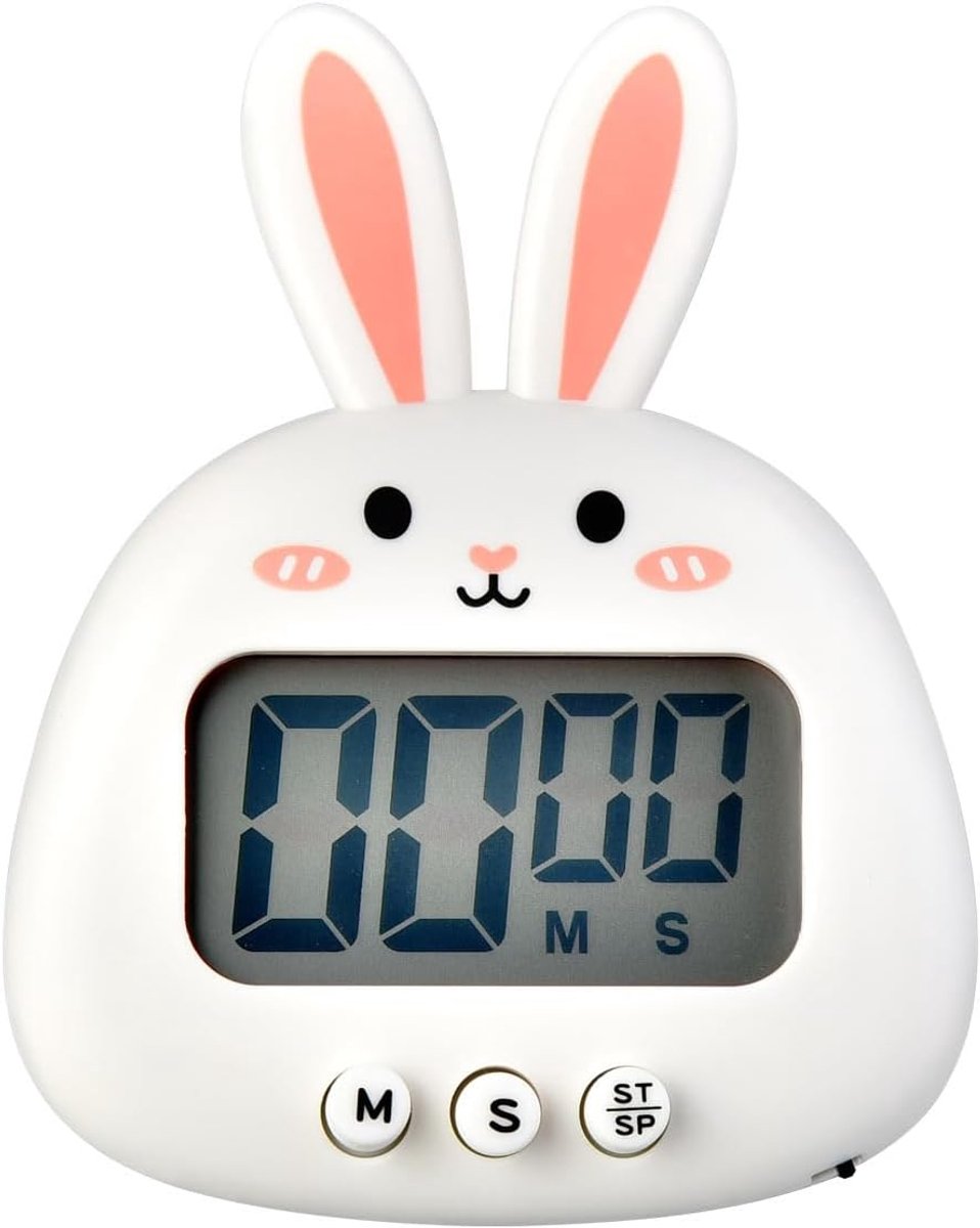 Konijn keukentimer, LED groot scherm digitale keukentimer magnetische stopwatch timer met klok, countdown timer mini kooktimer (zonder batterij) (wit)