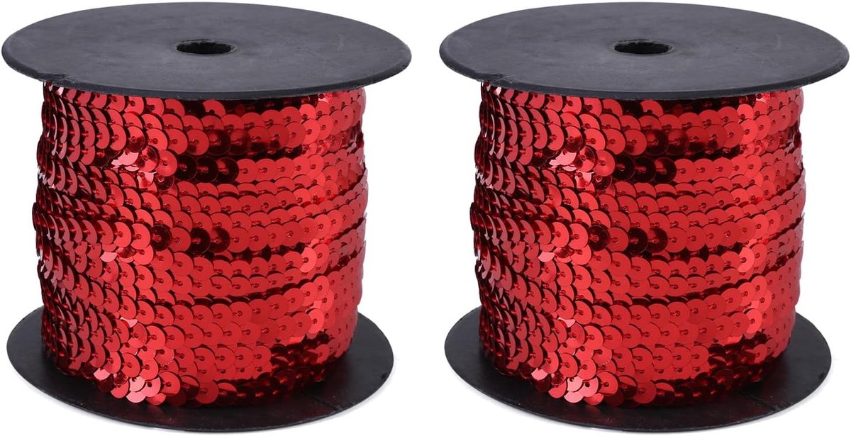 Paillettenband Met Pailletten, 100 Meter 6mm Ronde Platte Paillettenstrook Doe-het-zelf Paillettenkoord Voor Ambachten Versieringen Kostuumaccessoires (Rood*2Pcs)
