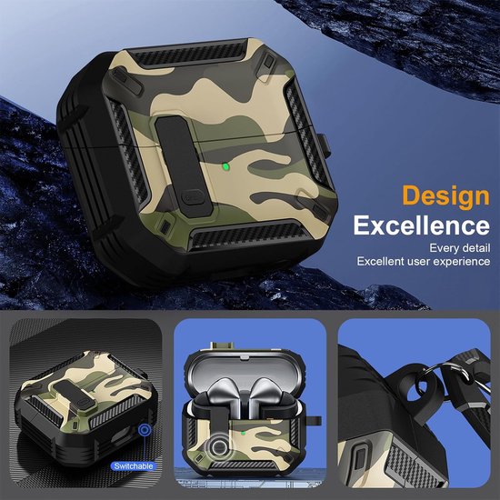 Hoesje voor AirPods 4 2024 met slot, camouflage-ontwerp met sleutelhanger, militaire volledige valbescherming, schokbestendig, hard PC voor heren, hoes voor AirPods 4e generatie. Blauw — afbeelding 2