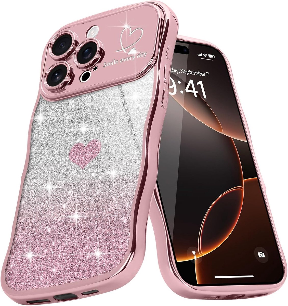 Golven framevorm, telefoonhoes voor iPhone 16 Pro Max, meisjes, stijlvolle curly golvenvorm, beschermhoes van gegalvaniseerd glitter, TPU, camerabescherming, krasbestendig, roségoud