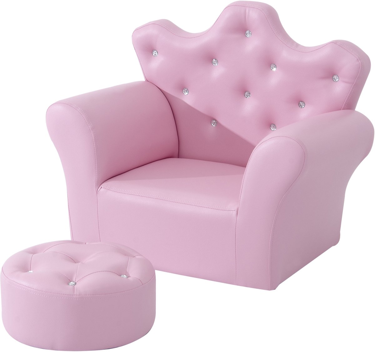 Kidon Kinderfauteuil met hocker - Kronendesign - Met kristalknoppen - 58 x 40,5 x 49 cm - Roze