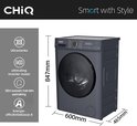 Lave-linge CHiQ gris, dimensions 847 mm de haut, 600 mm de large et 465 mm de profondeur. Icônes pour "Ultra-mince", "Moteur Inverter", "Lavage intelligent" et "Classe énergétique A".