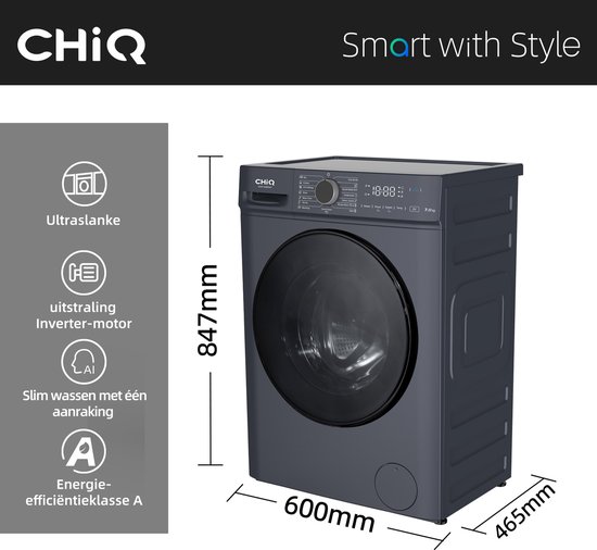 Lave-linge CHiQ gris, dimensions 847 mm de haut, 600 mm de large et 465 mm de profondeur. Icônes pour "Ultra-mince", "Moteur Inverter", "Lavage intelligent" et "Classe énergétique A".