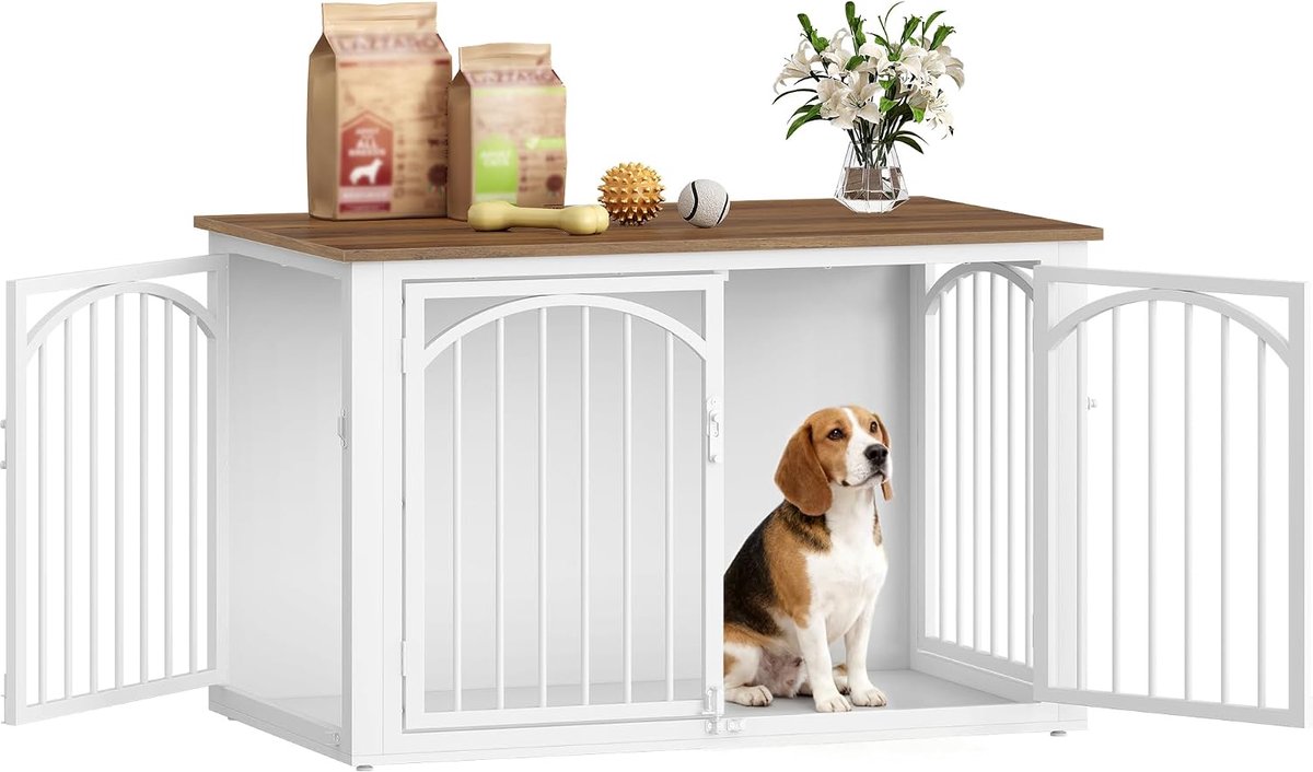 Meubel, 100 cm Houten Hondenbench met 4 Deuren, 100 x 60 x 63 cm, Eindtafel Dierenbenches Voor Middelgrote tot Grote Honde, Hondenhok Voor Binnen, Bruin en Wit, FPDC002FWR1 | 4 deuren, hondenhuis, bijzettafel, binnenhuis voor honden