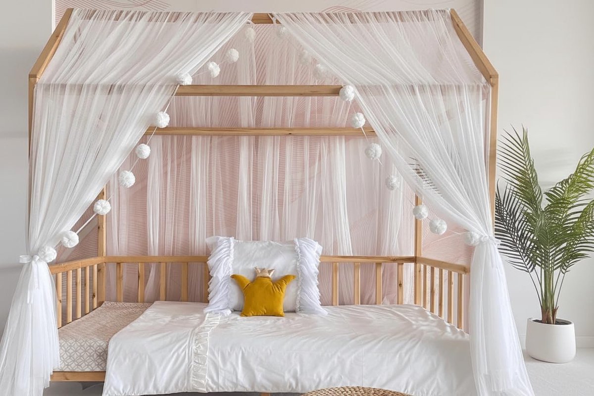 Fancyroom Huisbed bedhemel voor kinderbed, kinderkamer, baldakijn, bedgordijn, bedhemel voor meisjes, prinsessenkamer (Ecru, 340cm, met 5 gouden vlinders)