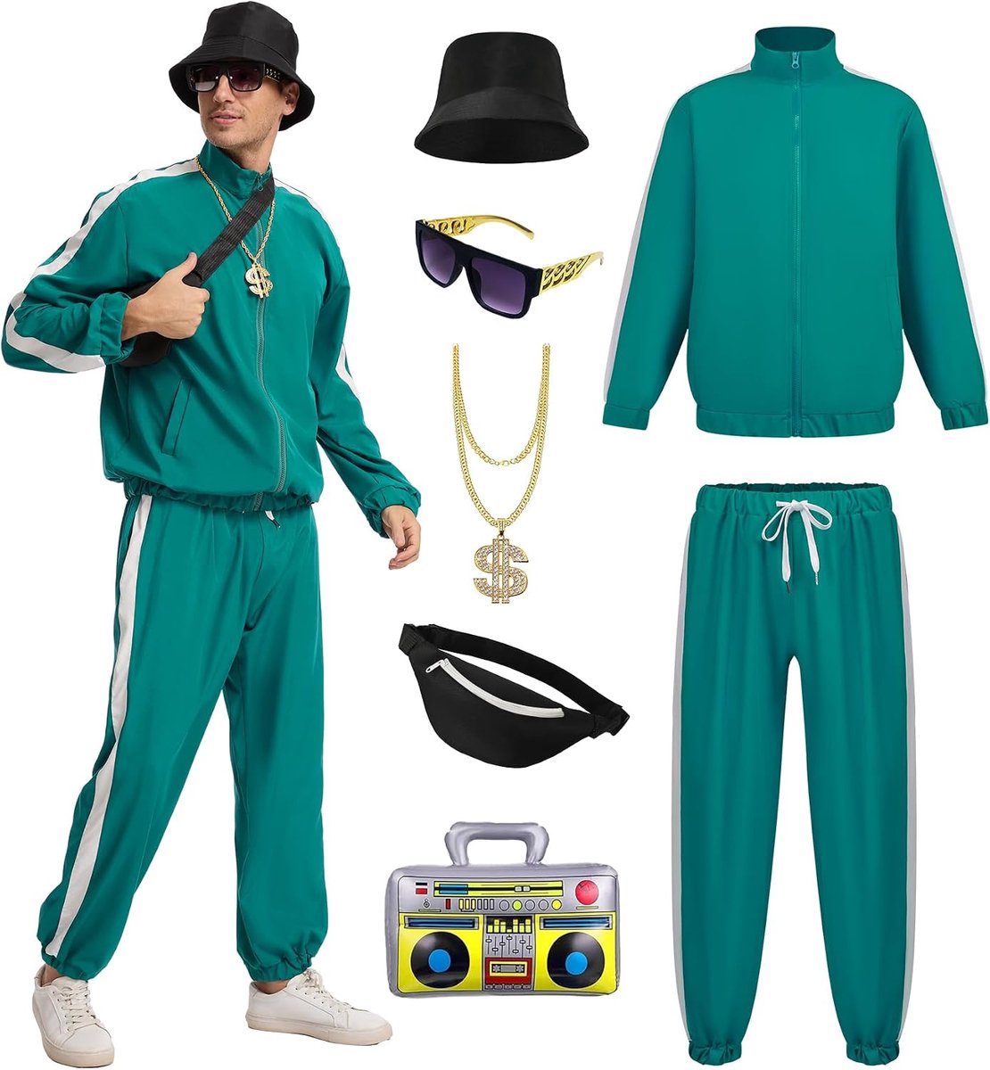 80 outfit voor heren, jaren 90 trainingspak met hiphopkostuum, accessoireset voor Halloween-themafeest