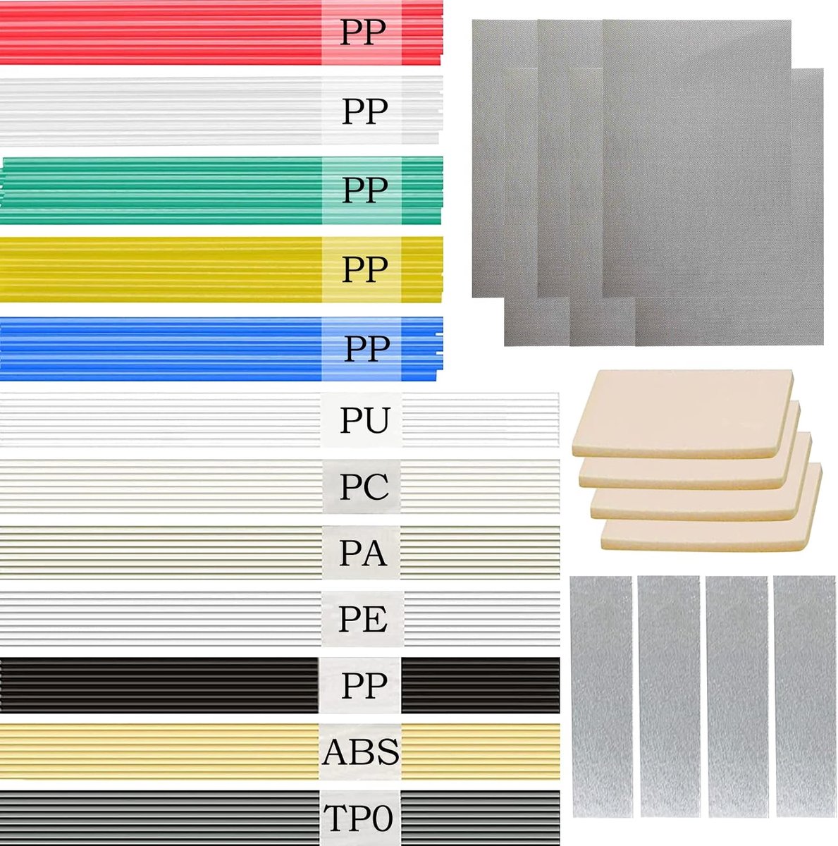 106 stuks, CEIEVER lasdraden ABS/TPO/PE/PP/PC/PA/PU kunststof lasdraad met patchnet, schuurpapier gebruik lasopzetstuk voor lakreparatie (106)