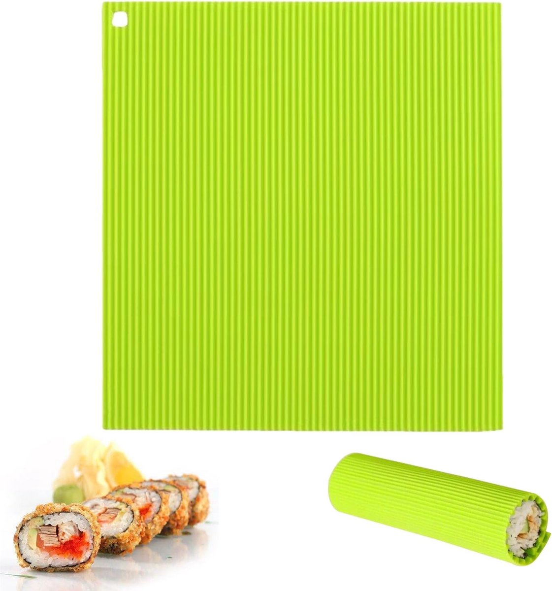 Siliconen sushimat, groen, 22 x 20 cm, anti-aanbaklaag, Sushi-fabrikant, herbruikbare sushi-rolmat, voor beginners en kinderen, met gat om op te hangen voor eenvoudig