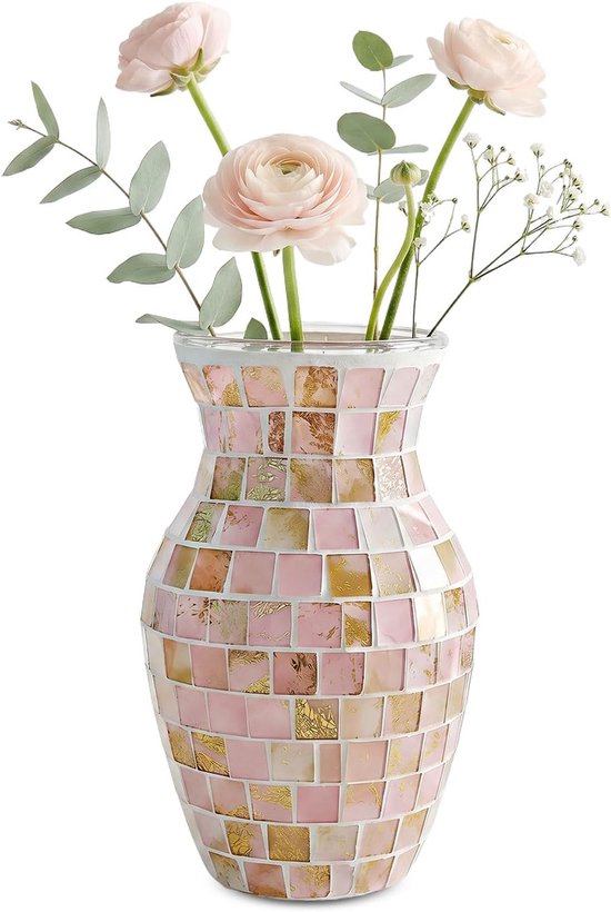 Bloemenvaas, handgemaakte mozaïek glazen vaas, 20 x 10 x 11 cm, decoratieve vazen, tafeldecoratie en bruiloftsdecoratie, moderne bloemenvaas voor woonkamer, keuken, slaapkamer en kantoor (roze)