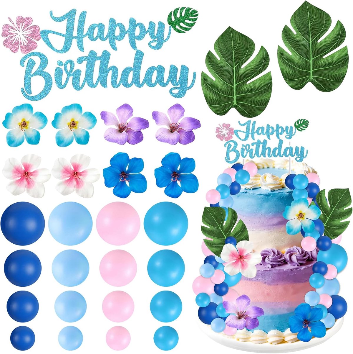 Taartdecoratie met blauwe en roze ballen, 39 stuks, tropische Hawaï-taarttoppers, bloemen en zomerbladeren, voor verjaardagen, Hawaii-feesten, bruiloften en zomerfeesten (B)