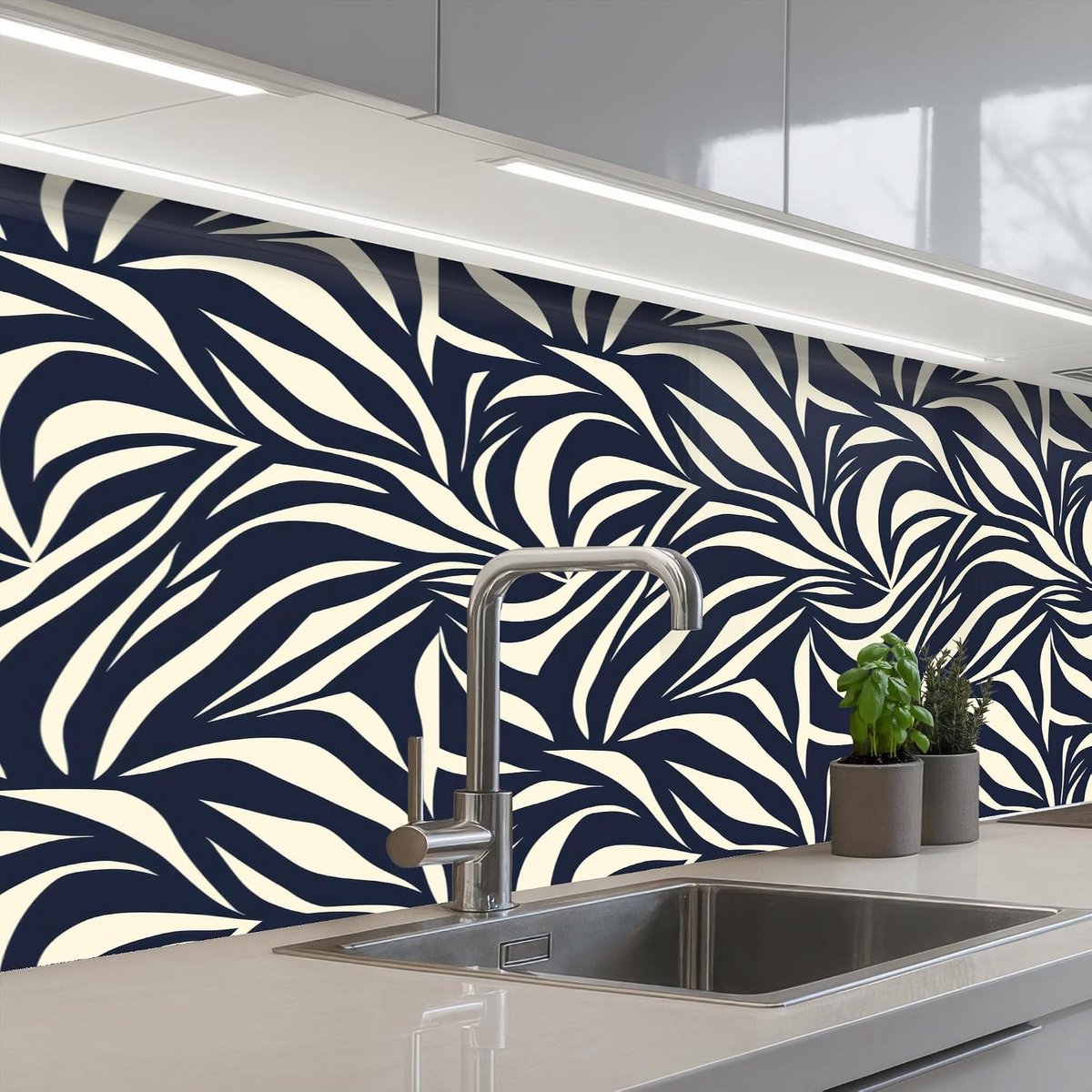 Keukenachterwand 80x200 cm zelfklevend keuken decoratie accessories home kitchen spatscherm Bladvormen - Blauw - Patroon - Wit