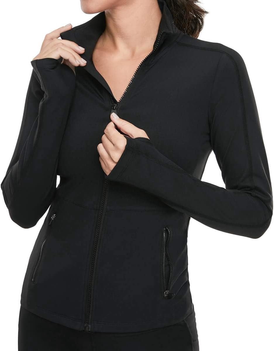 Hardloopjack voor dames, hoge kraag, licht sportjack, lange mouwen, yoga-shirt, fitnessjack, ademend trainingsjack met duimgaten en doorlopende ritssluiting, zwart, S