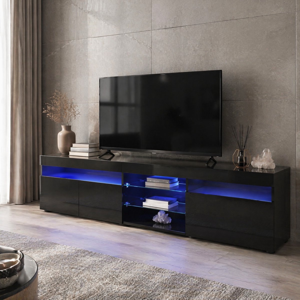 WUVRIE TV-meubel 180x35x48 cm - 3 deuren, open vak en LED-verlichting - Zwart