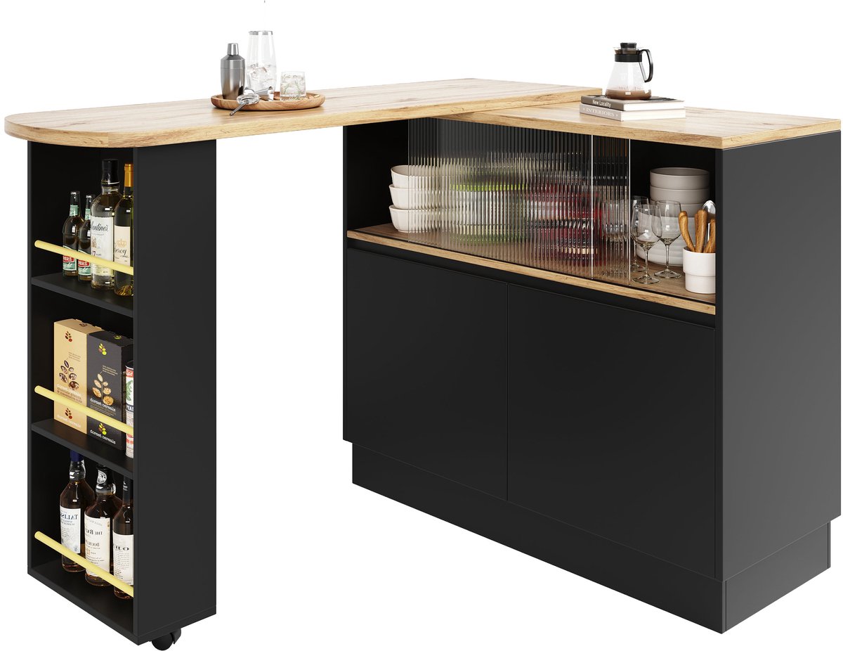 Merax Draaiend Keukeneiland 360° - Multifunctioneel Sideboard met Glazen Schuifdeur en Open Vakken - Opbergmeubel voor Keuken Eetkamer en Woonkamer - Zwart met Houtblad