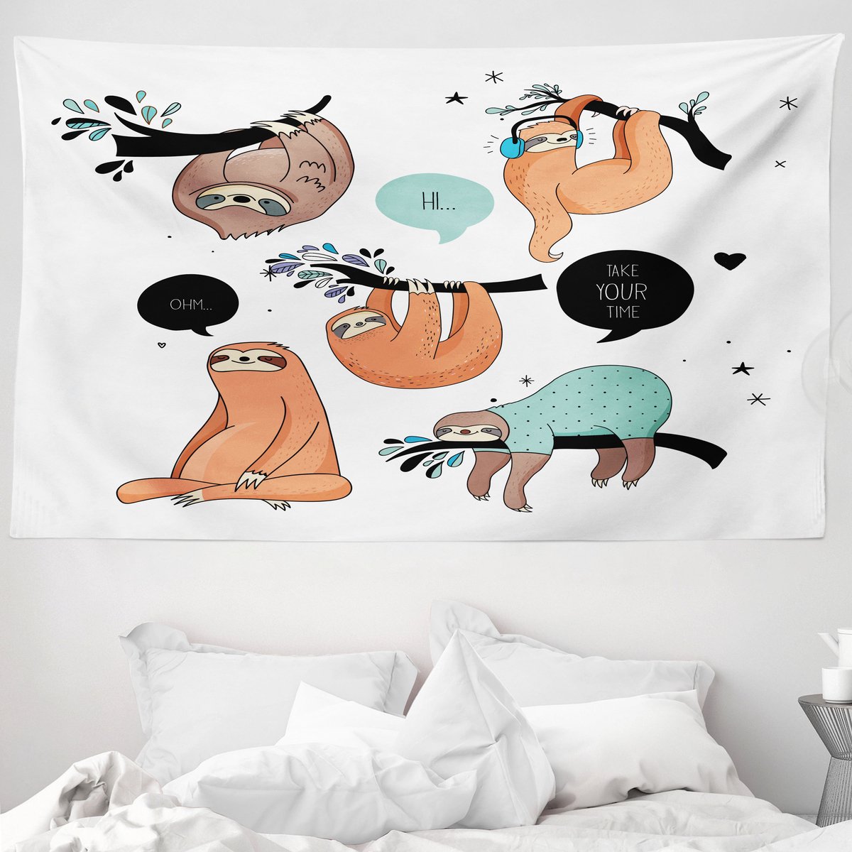 ABAKUHAUS Dier Wandkleed en Bedsprei, Glimlach Luiaard Cartoon van Zachte Microvezelstof Wasbaar Kleurvast met Digitale Print, 230 x 140 cm, Meerkleurig