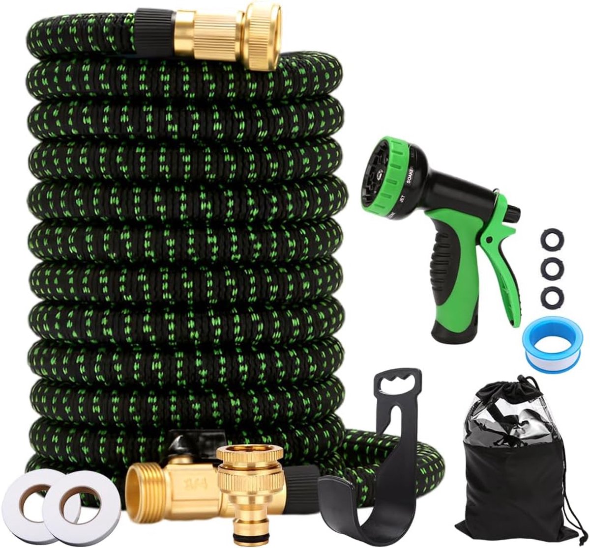 Garden Hose, Flexible, 15 Meters, Stretchy with 3 Seals, 2 Waterproof Tyres, 1 Sealing Tape, Hooks, For Irrigation - ShopVlot