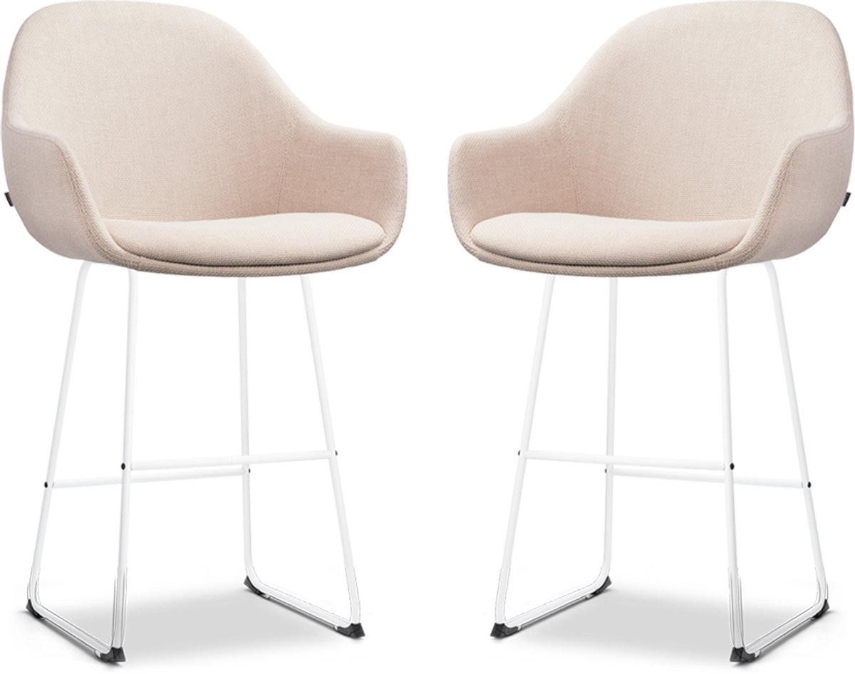 Nolon Nino-Mae Barkrukken Set van 2 Beige - Wit Onderstel - 65 cm - Stof - Voor Kookeiland - met Rugleuning - Design - Scandinavisch - Comfortabel