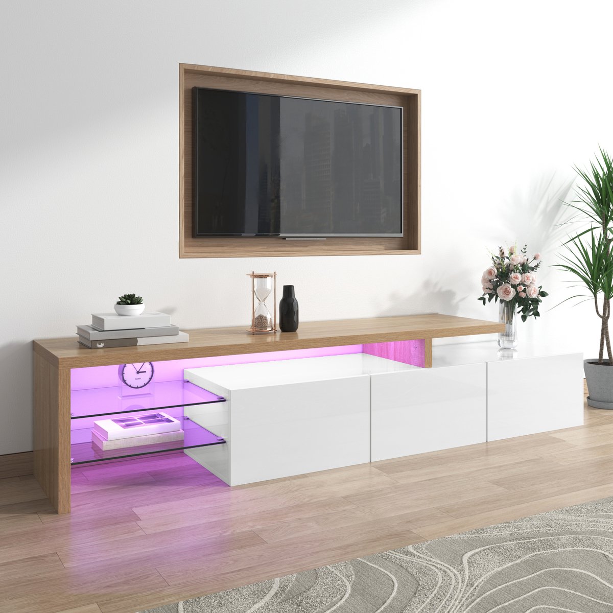 WUVRIE TV-meubel 197,5 x 39 x 42 cm - 3 opbergkasten, glazen planken en 7-kleuren-ledverlichting - Naturel+Wit Naturel en wit