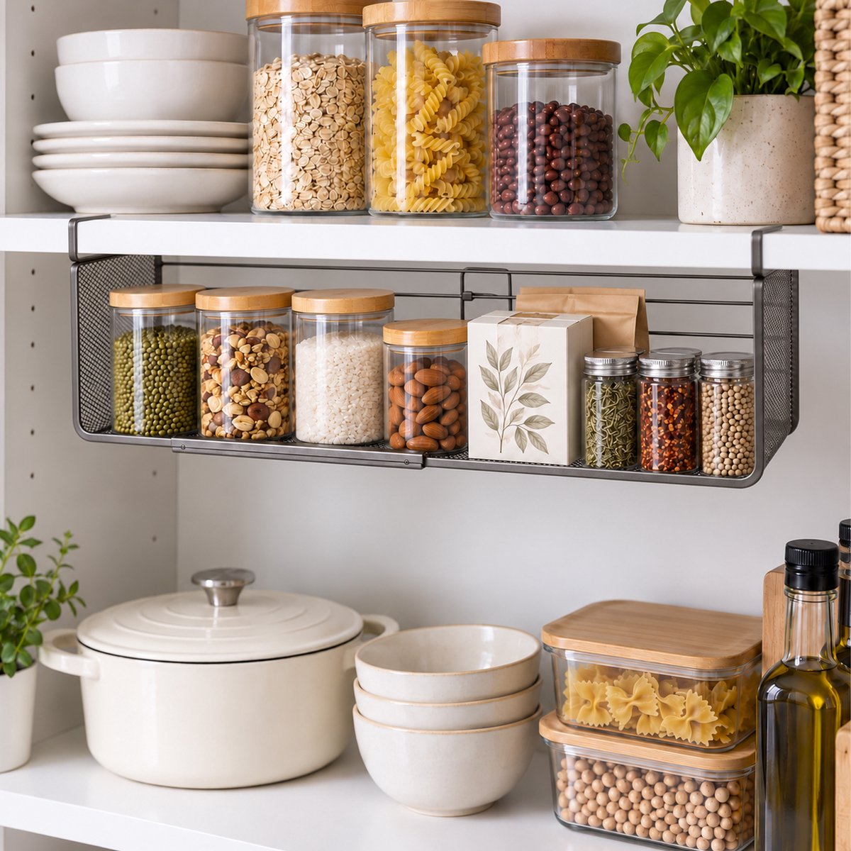 CHICFURN Uitschuifbaar Opbergrek, hangend keukenrek en tafelrek met dichtmazige mesh, verstelbaar van 35 tot 61 cm, ruimtebesparende opberger van koolstofstaal, zonder boren, voor keuken, badkamer en kledingkast