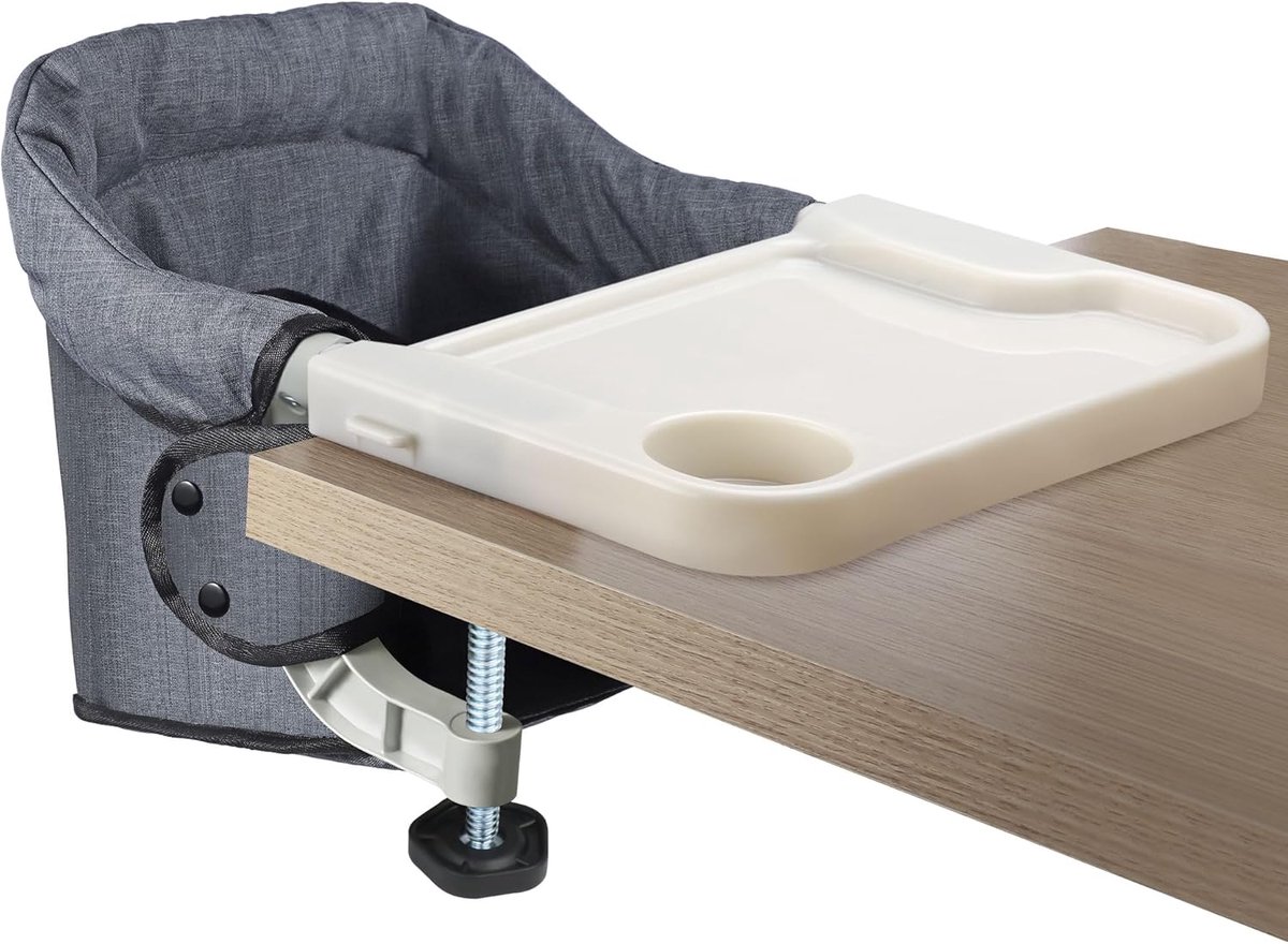 SnelShoppen - Baby Tafelstoel met Eetblad, Draagbare Vouwbare Kinderstoel, Boosterstoel met Transporttas, Ideaal voor Peuters, Grijs voor Thuis en Rei