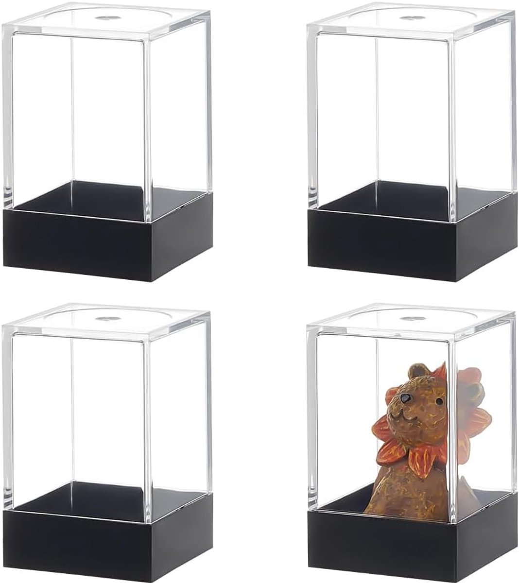 Set van 4 kleine rechthoekige plastic verzameldozen, 40 x 40 x 69 mm, zwart onderkant, transparant deksel, opbergdozen voor actiefiguren en miniatuurmodellen, stofbescherming en organisatie