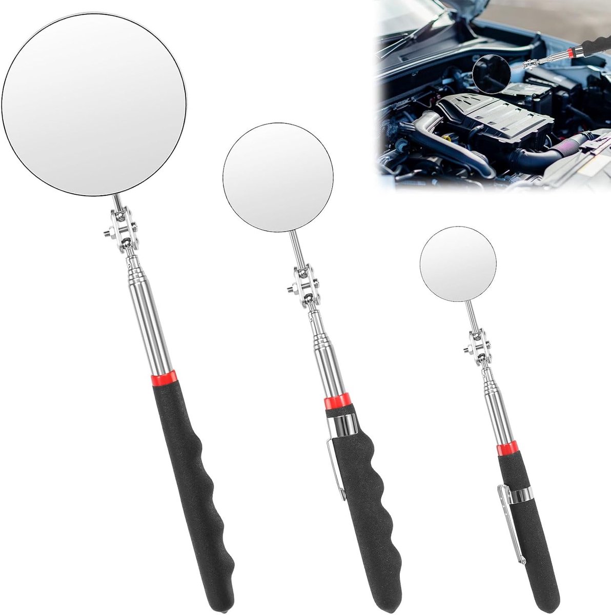 Telescopische inspect mirrors set van 3 - ronden spiegels - 360 graden uitschuifbaar - ideaal voor auto reparatie - ShopVlot
