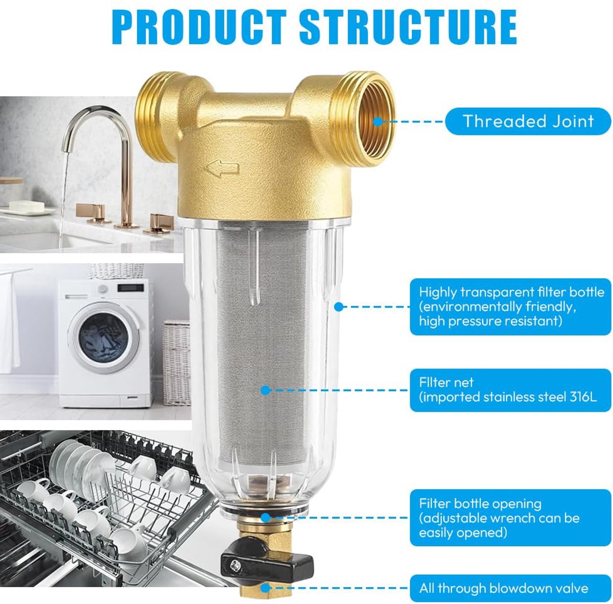 Fijnfilter, waterfilter, huisaansluiting, terugspoelfilter, 2,5 cm, herbruikbaar voorfilter, sedimentfilter, spin down sediment waterfilter