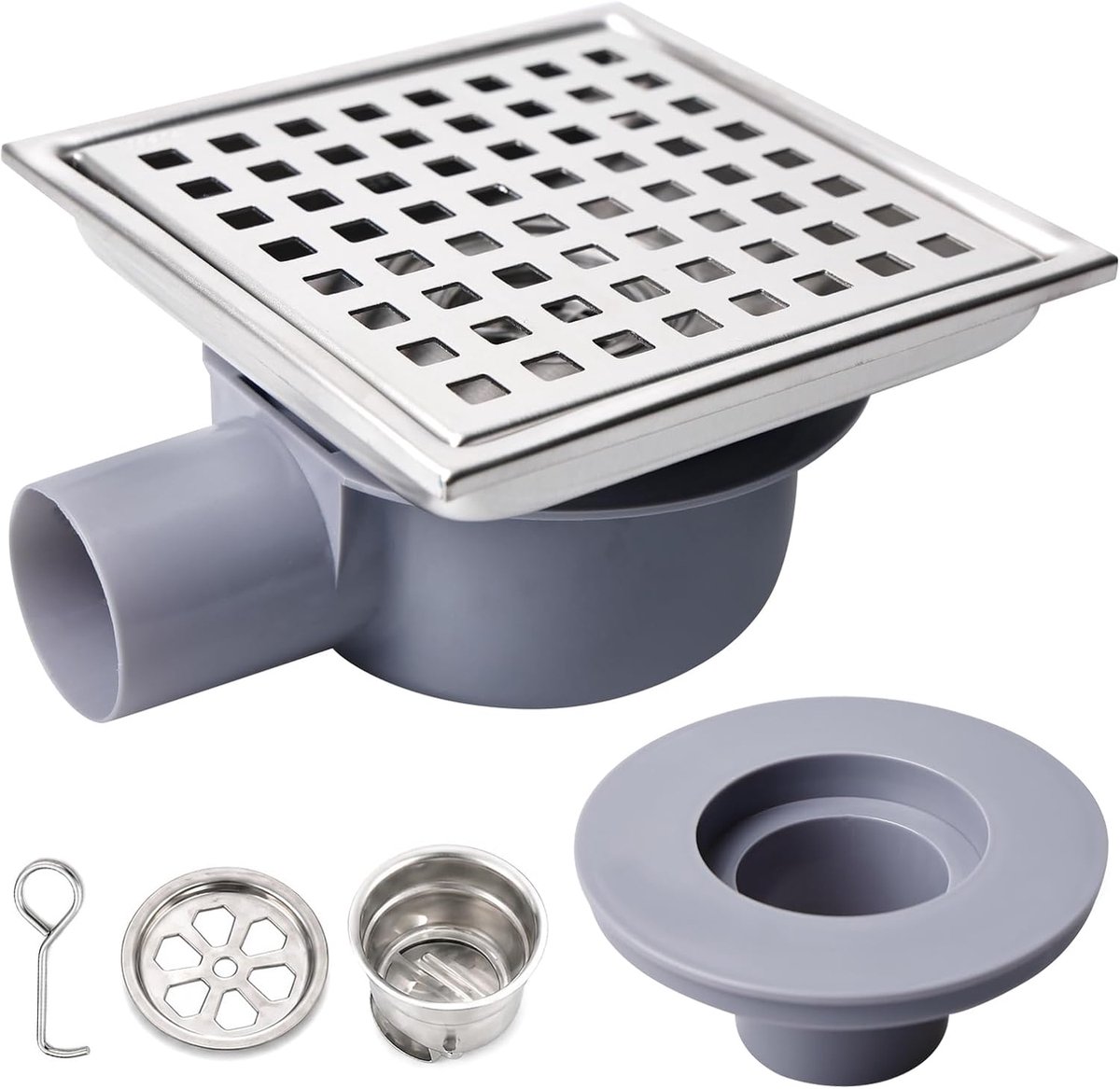Vierkant, 15 x 15 cm, douchegoot, vierkant, roestvrij staal, vloerafvoer, douche DN50 met 360° sifon geursluiting, filterzeef, afvoerkern, afvoerbasis, glijbasis voor badkamer