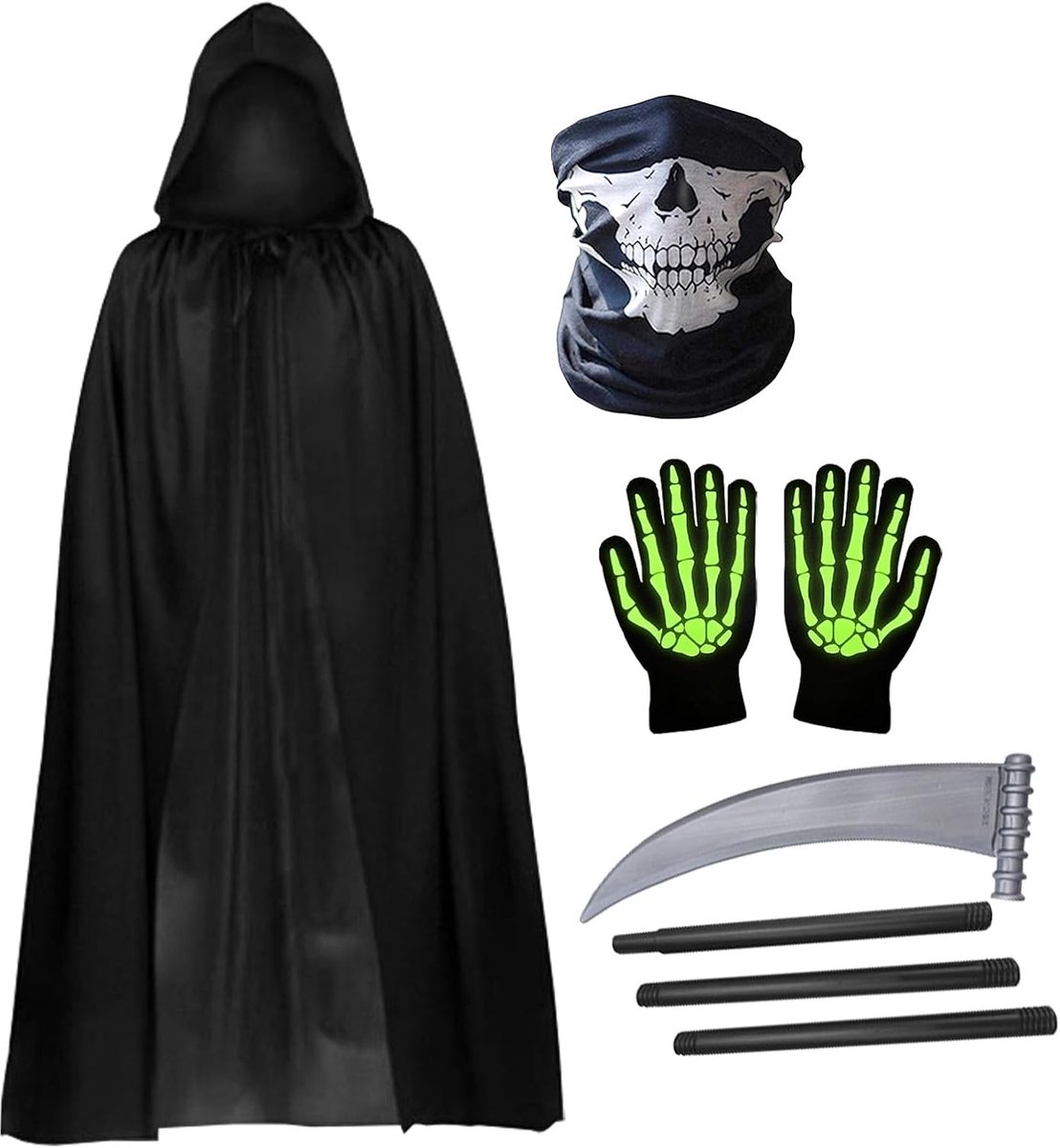 Sensenmann-kostuum voor kinderen, Halloween-kostuum, zwarte cape met capuchon met skeletmasker, handschoenen, Sense voor Halloween-party, cosplay, carnaval