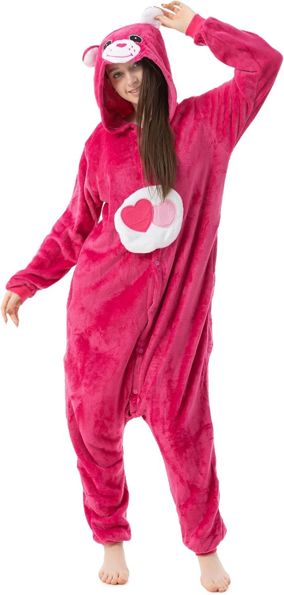 Onesie Geluksbeertkostuum, carnavalskostuum in roze, cosplay, roze hartbeer