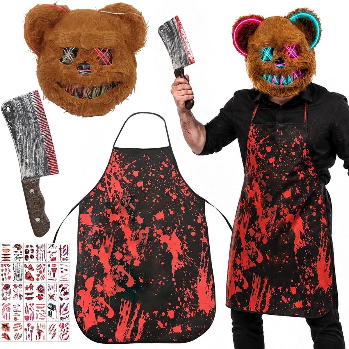 Halloweenmasker voor heren, 4-delig horrorberenkostuum met led-masker, schort, tattoo en mes, griezelig dierenmasker voor volwassenen, Halloween-party, carnaval, cosplay verkleding