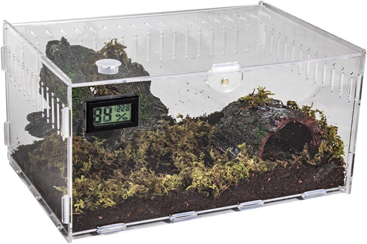 Terrarium met thermometer en digitale hygrometer, transparante kweekdoos voor slakken, reptielen, spinnen, insecten (30 x 20 x 15 cm)