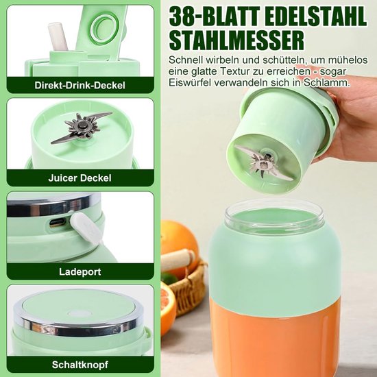 Juice Mixerfles, smoothie maker to go, 1200 ml flessenmixer met 38 messen, draagbare mixer met lekvrij deksel voor reizen, kantoor, sportschool, camping (groen) — afbeelding 3