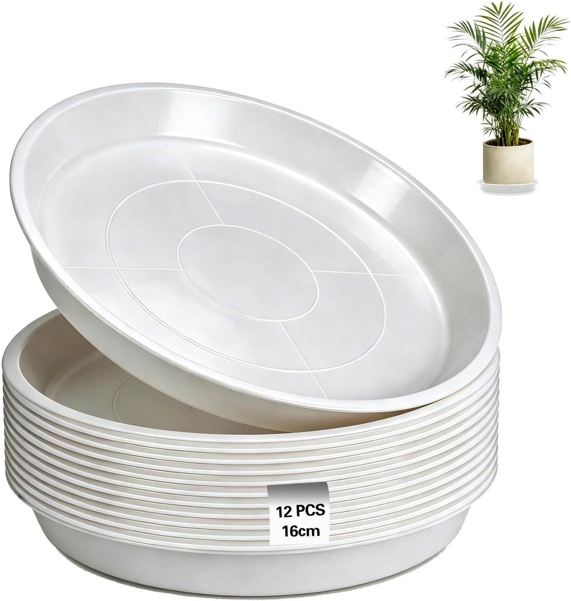 12 stuks bloempotonderzetters 16 cm plantenonderzetters rond | Bloempotonderzetter, wit, onderzetter, bloempot, kunststof onderzetter, plantenonderzetter, voor tuin, balkon