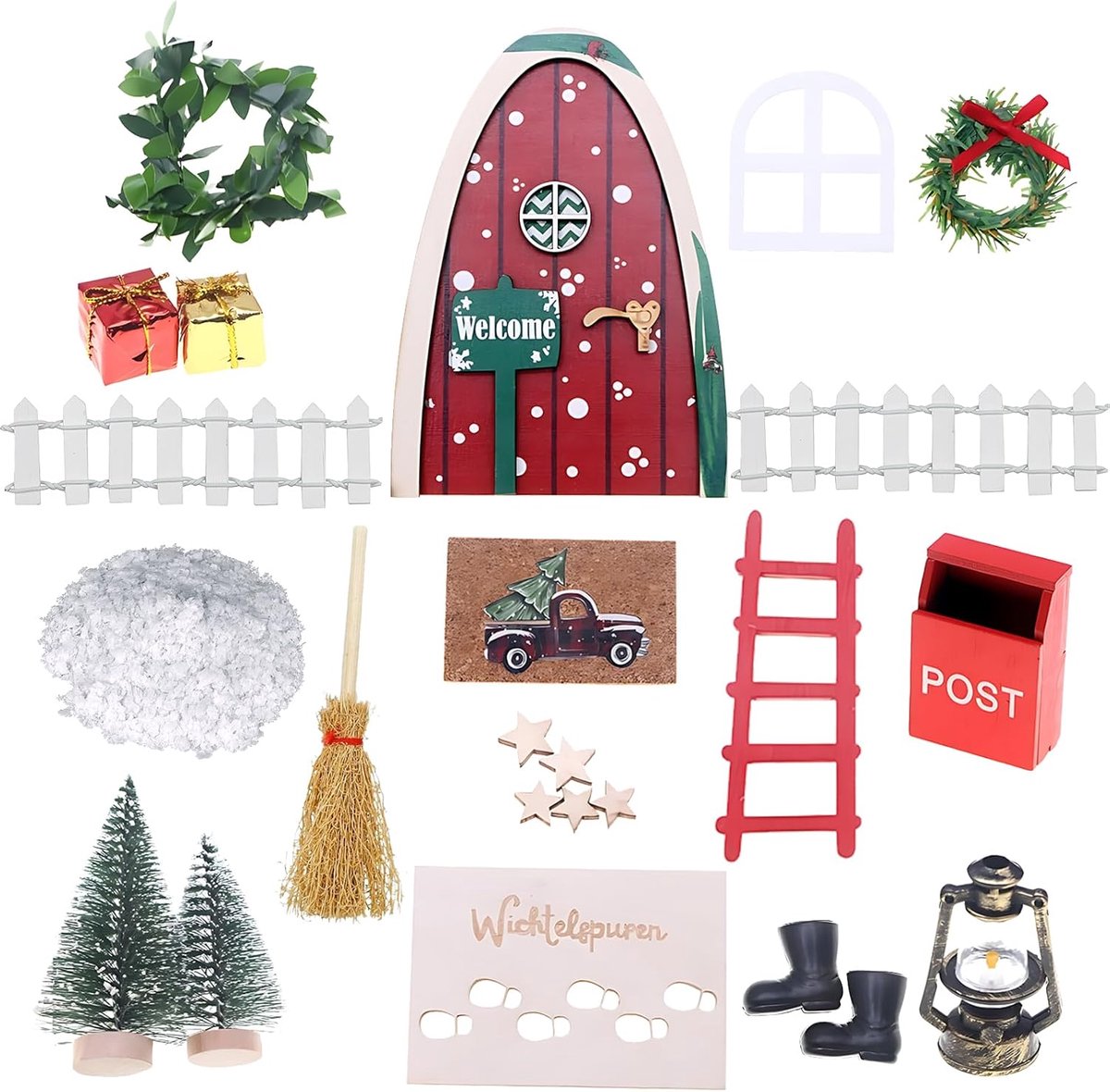 Kerstkabouters accessoireset - inclusief kabouterdeur, kerstboom, hek - voor doe-het-zelf plezier - ShopVlot