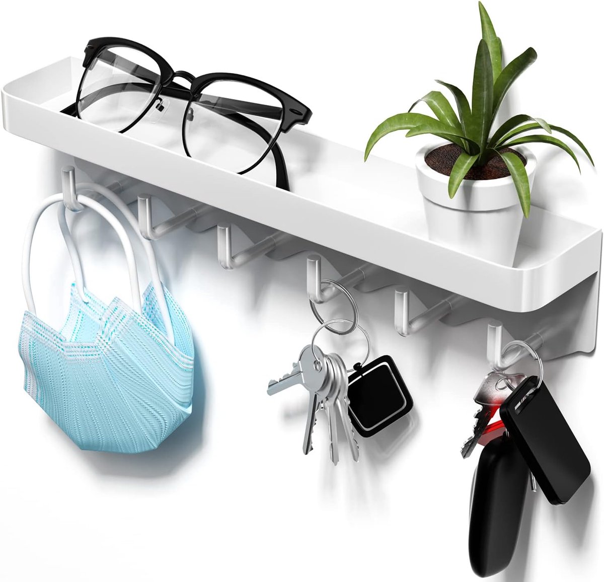 Newaner Key rack with shelf and 6 hooks, white, space-saving organiser, key rack, keyboard, no drilling, wall mounted for storing keys on entrance, ha