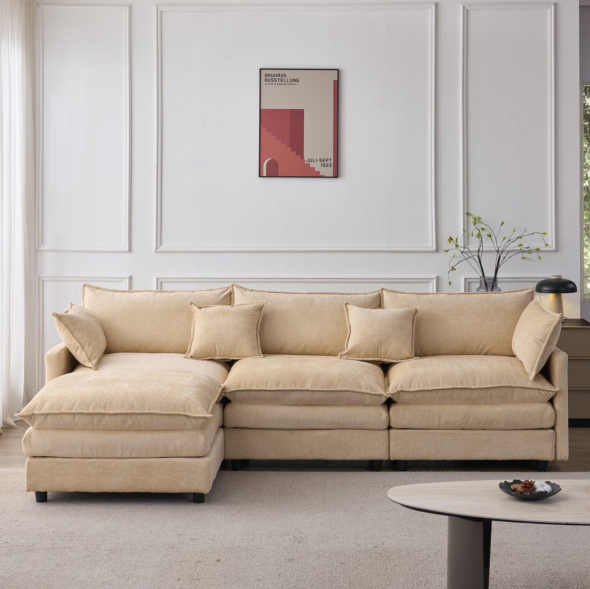 REDOM Hoekbank - Modulair L-vormig ontwerp - Verplaatsbare hocker - Chenille bekleding - Afneembare hoezen - Houten frame - Licht koffie - 267 x 154 x 85 cm Licht beige