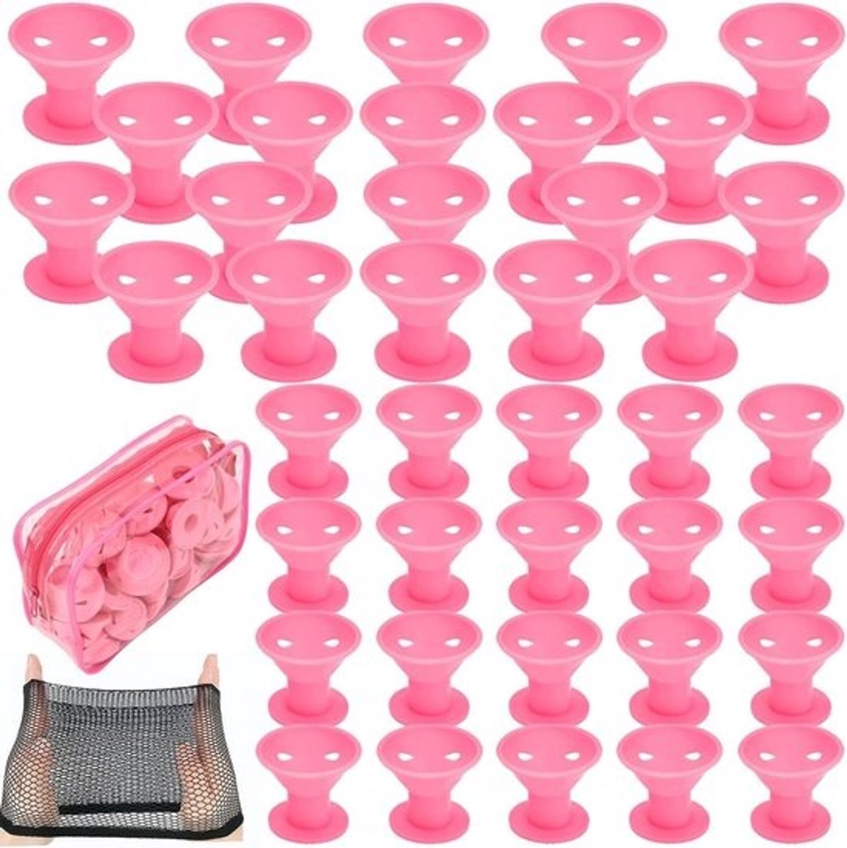 Siliconen haarrollers - hittevrij stylen - 40-delige set (20 groot + 20 klein) met haarnet in PVC-tas, roze