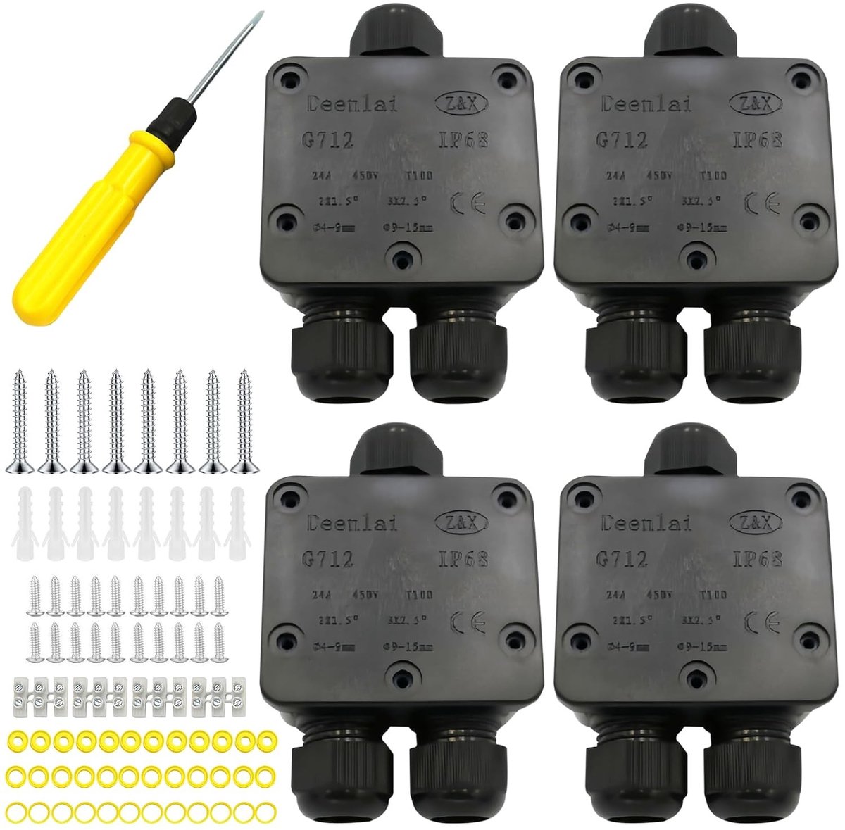 Waterdichte 3-Weg Aansluitdoos Set van 4 voor Buitengebruik, IP68, Geschikt voor Tuin en Kabels van 4-15 mm Diameter, Zwart