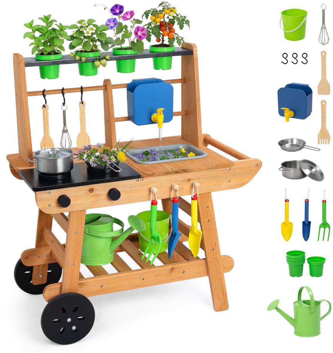OOOK Modderkeuken met Wielen, Spar Houten Openluchtspeelkeuken met Watergootsteen - ShopVlot