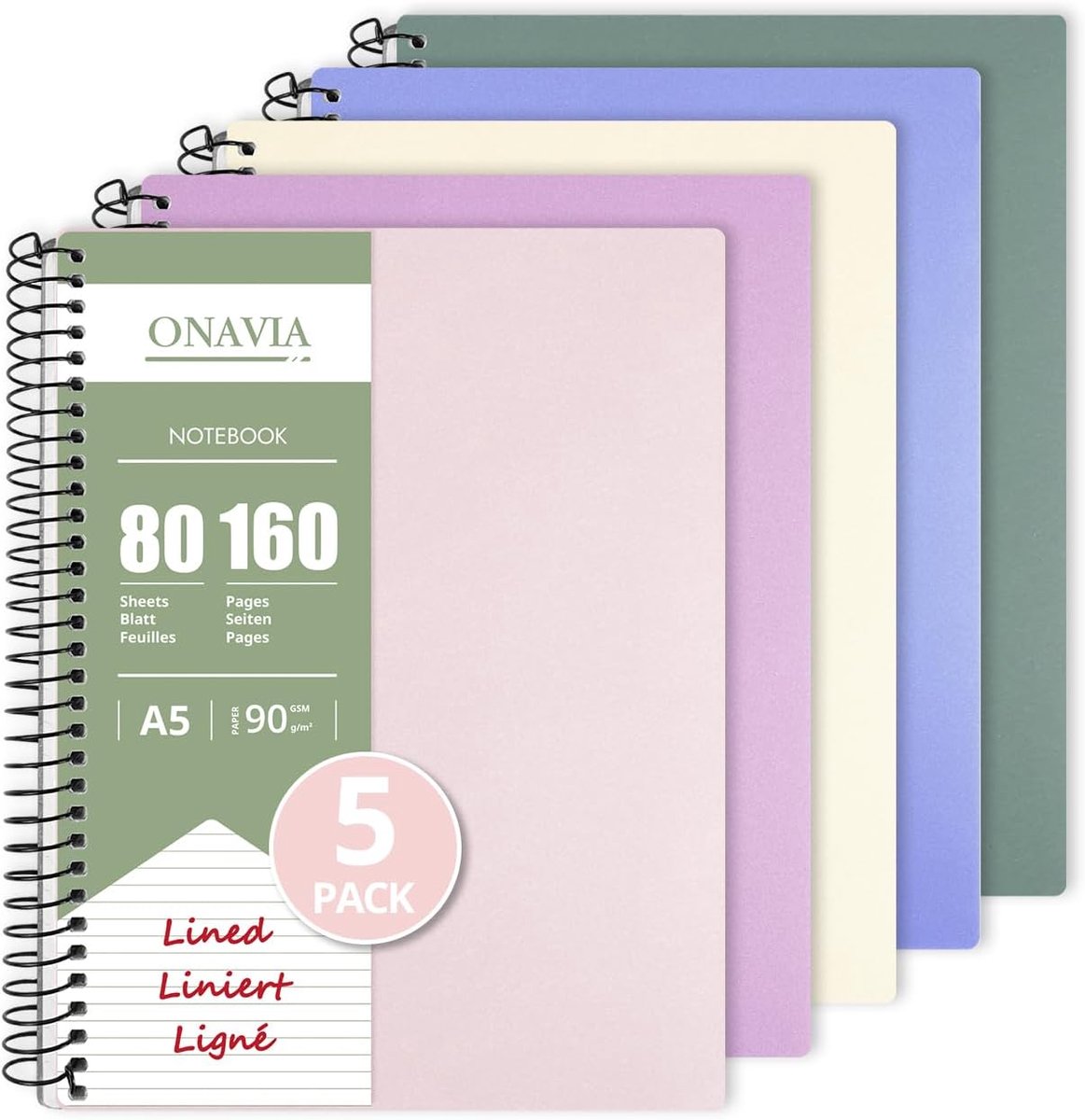 Notitieboek A5 5 pack - 80 vellen - gelinieerd spiraal - perfect voor onderweg - ShopVlot