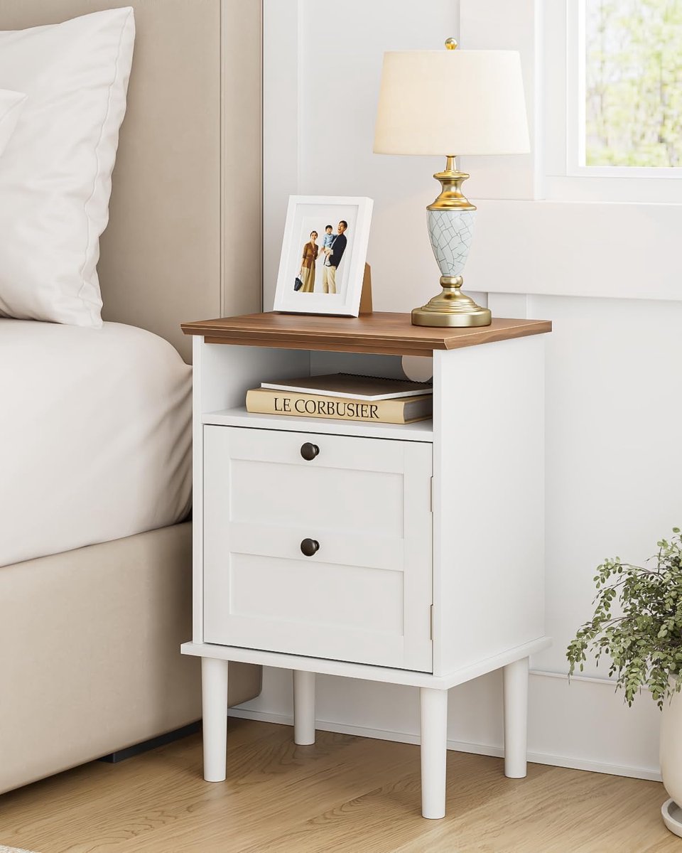 SnelShoppen - Moderne Bedside Table Wit Hout met Deur en Open Compartment, Nachtkastje met Opbergruimte voor Slaapkamer en Woonkamer (39x29x60 cm)