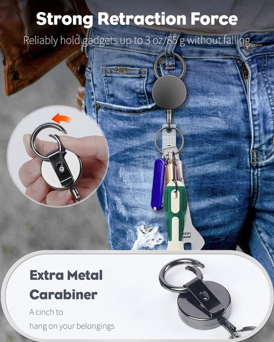 Set van 2 zware retractable badge reels voor badgehouder, metaal en roestvrijstalen veer, 60 cm nylon touw en karabijnhaak clip — afbeelding 5